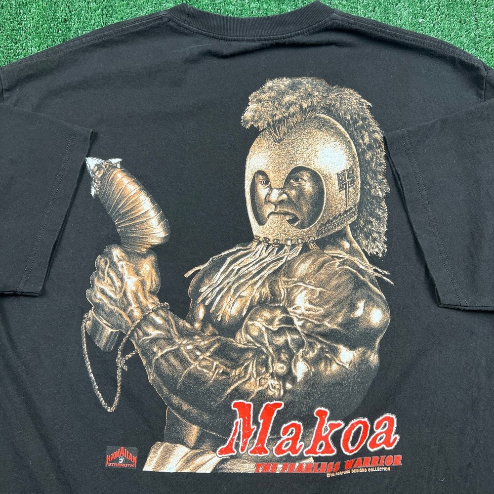 Makoa Hawaiian Warrior Strength T-Shirt Men's XL Black 100% Cotton Graphic 90s